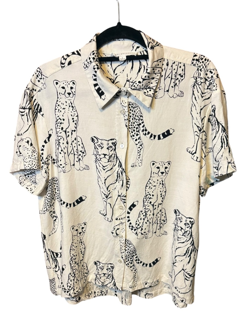 Jane + Delancey Big Cat Print Button Up Shirt Large Linen Blend Safari